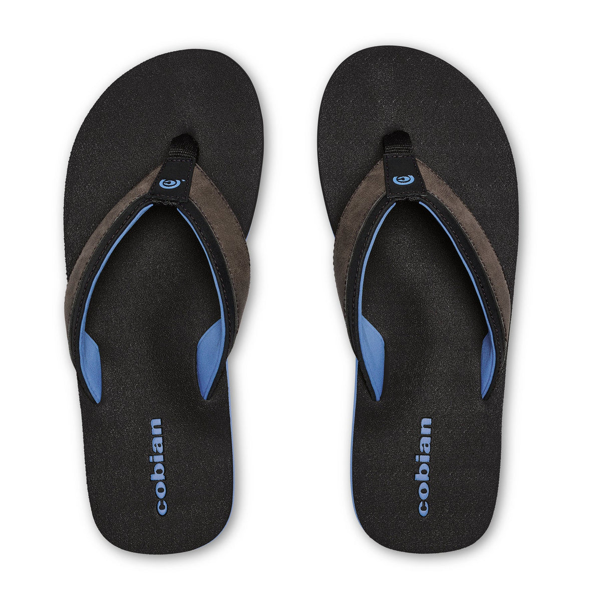 Cobian Foamie Black Flip Flops top view featuring gray and black straps, blue lining and Cobian logo on black footbeds