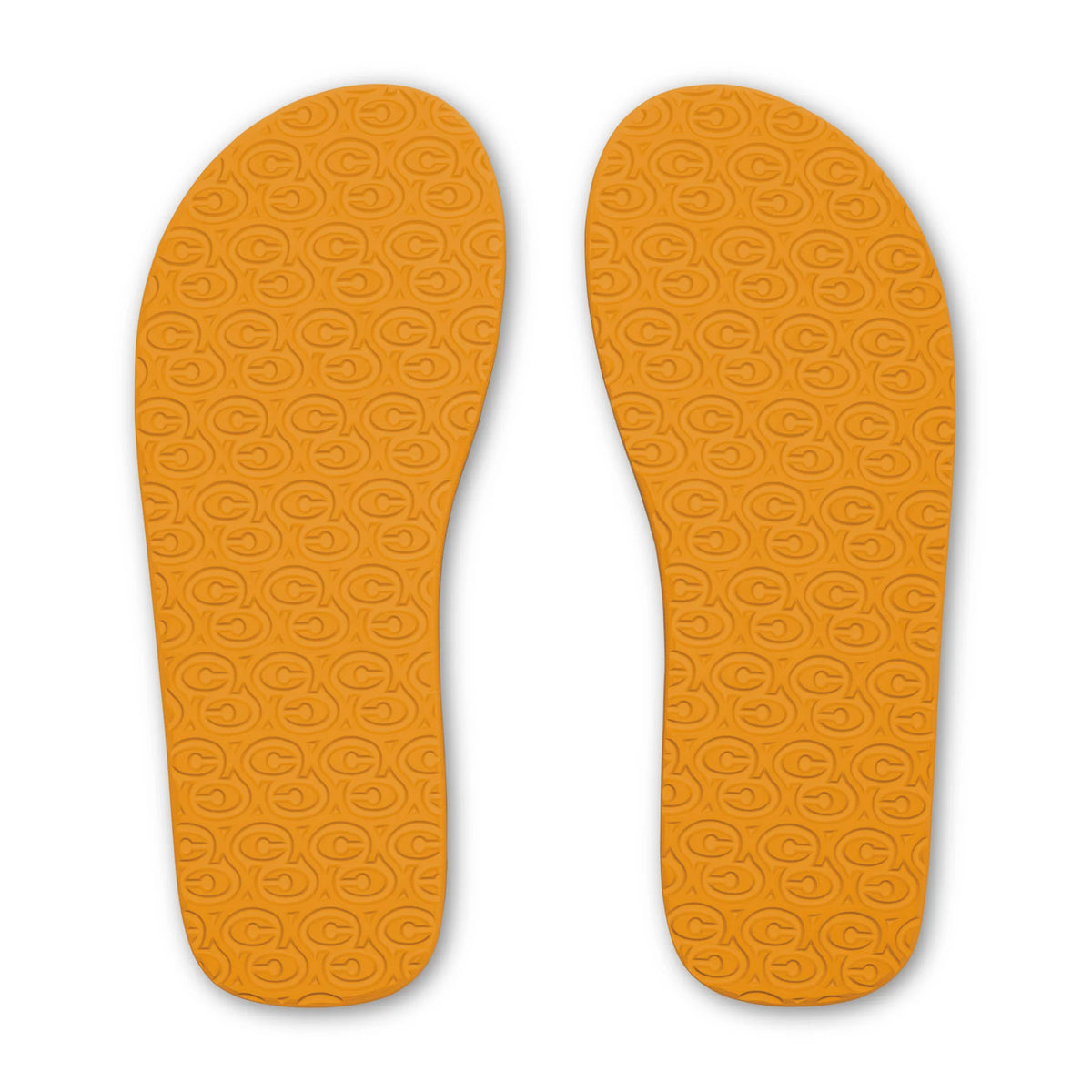 Cobian Foamie Brown Flip Flops bottom view featuring bright orange rubber outsoles with repeating Cobian logo traction pattern