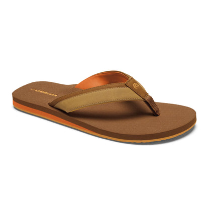 Cobian Foamie Brown Flip Flop angled view featuring textured brown footbed, tan straps, orange lining and orange midsole accent
