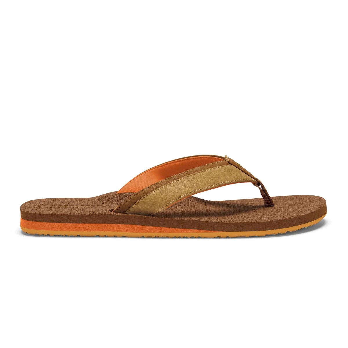 Cobian Foamie Brown Flip Flop side profile showing brown cushioned footbed, tan stitched straps, orange midsole and rubber outsole