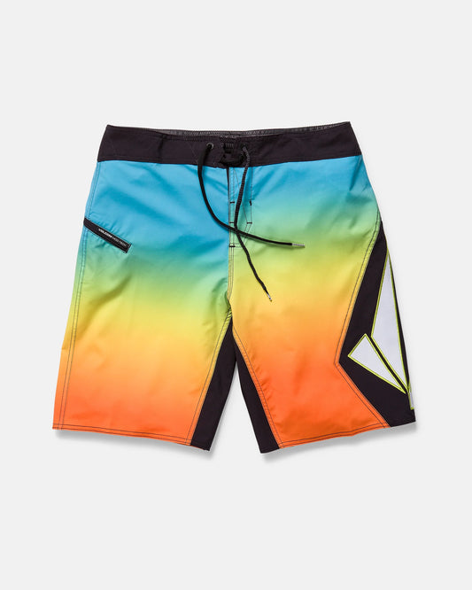 Men's 21-inch boardshorts, blue-yellow-orange gradient, drawstring front