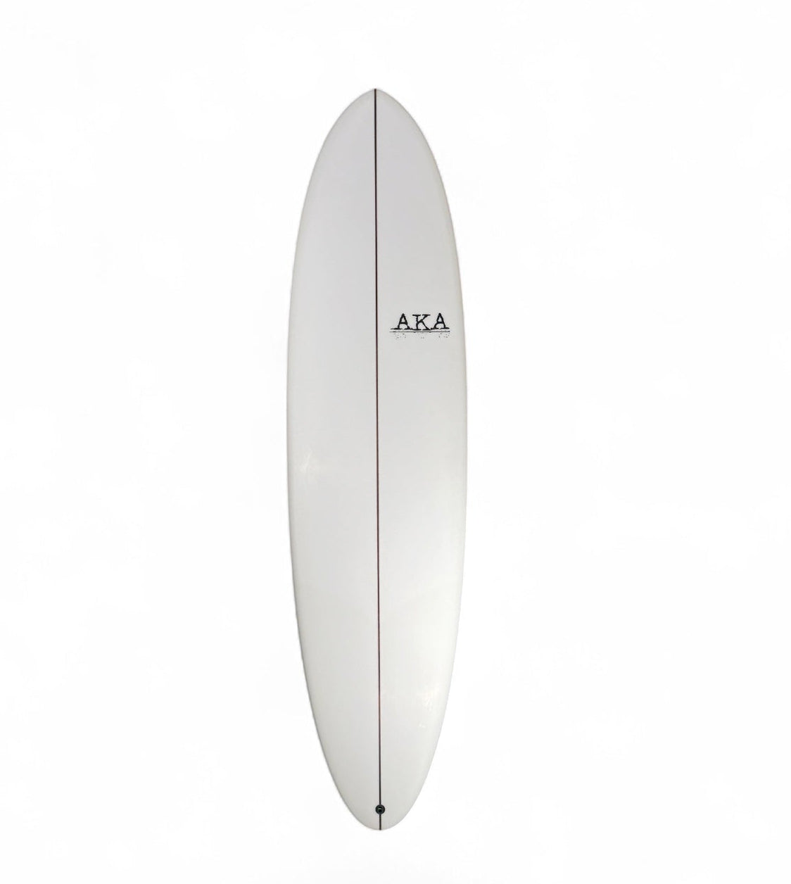 White surfboard on a white background with a "AKA" logo on the right side. 