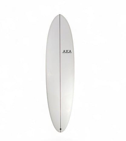 White surfboard on a white background with a "AKA" logo on the right side. 