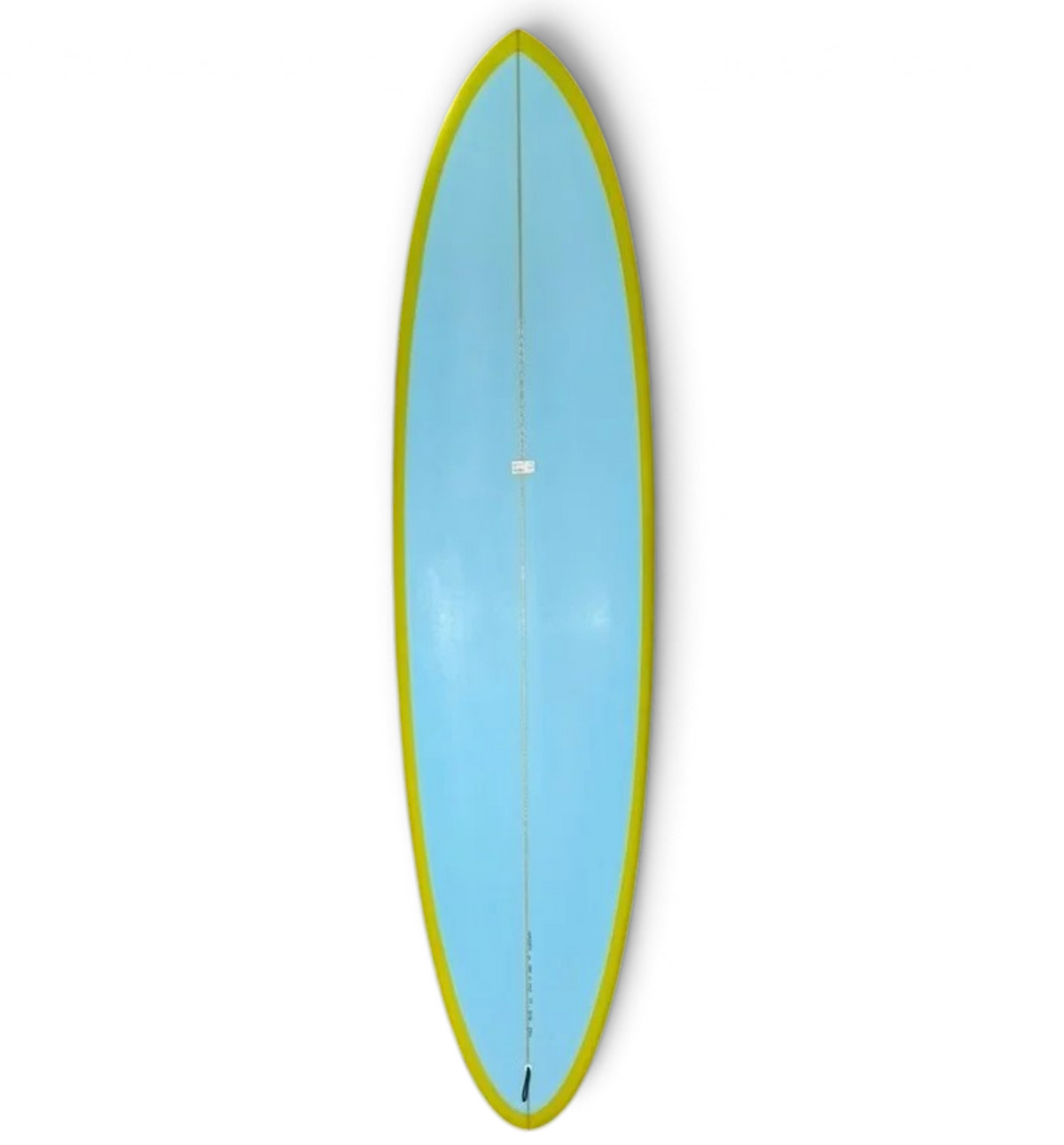 The top of a light blue surfboard with a bright green border, shown against a plain white background.