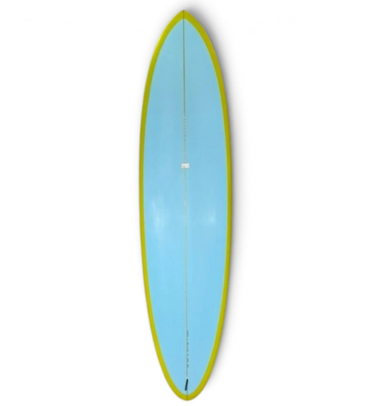 The top of a light blue surfboard with a bright green border, shown against a plain white background.