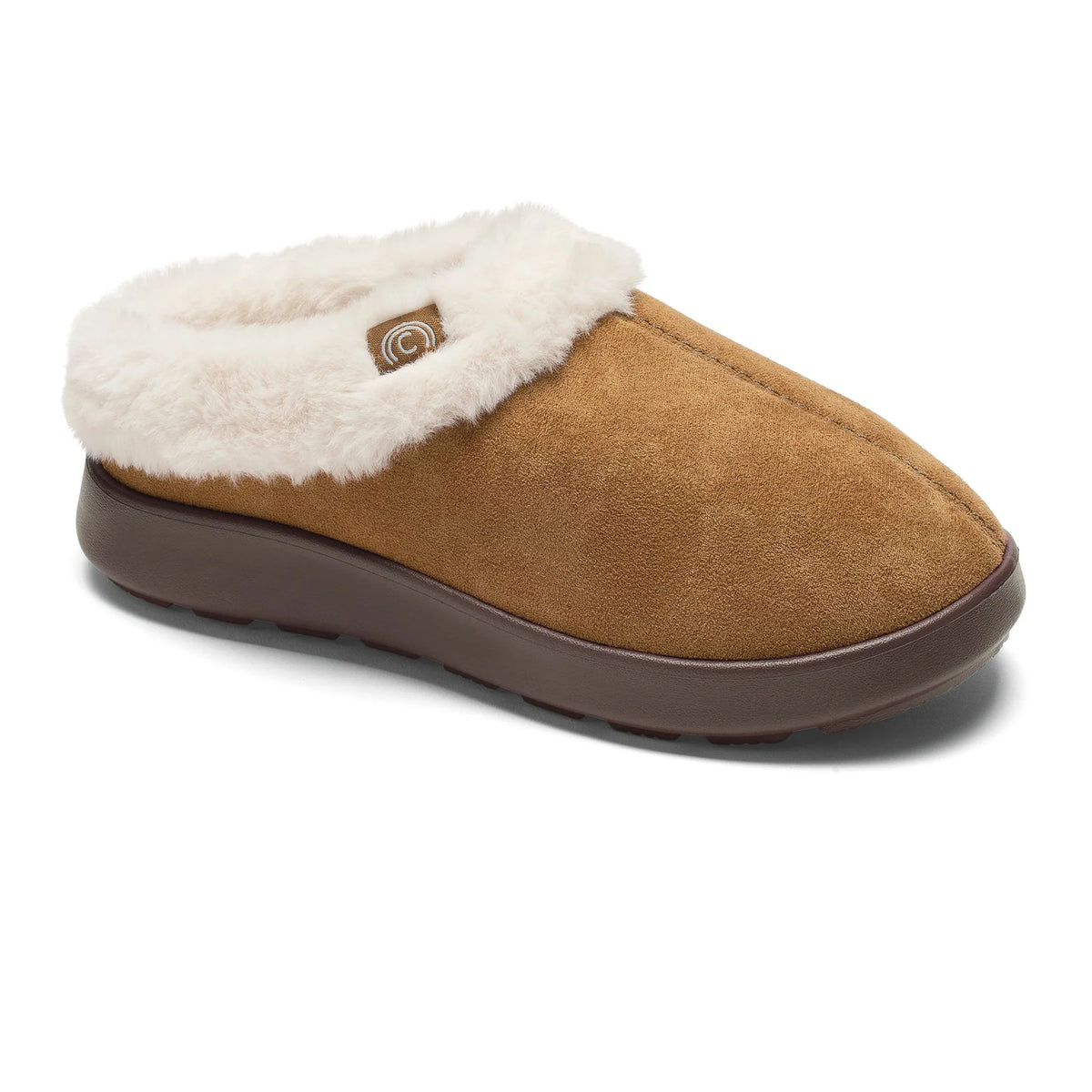 Cobian Frothy Tan slippers featuring a soft suede-like upper, plush cream faux fur lining, and a cushioned brown sole.