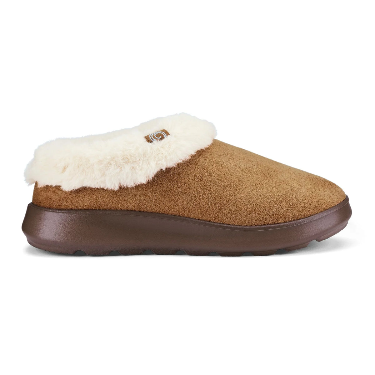 Side view of Cobian Frothy slippers in Tan showcasing a closed-toe design, cream faux fur collar, and thick brown cushioned outsole.