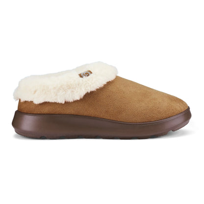 Side view of Cobian Frothy slippers in Tan showcasing a closed-toe design, cream faux fur collar, and thick brown cushioned outsole.