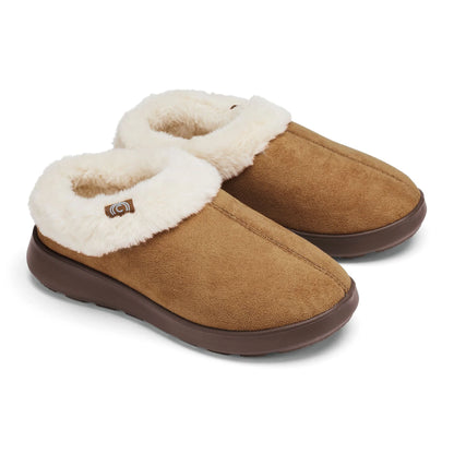 Cobian Frothy Tan slippers featuring suede-like uppers, cozy cream faux fur lining, rounded toes, and an easy slip-on design.
