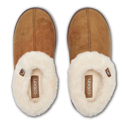 Top view of Cobian Frothy slippers in Tan showing soft brown uppers, plush cream faux fur interiors, and Cobian branded footbeds.