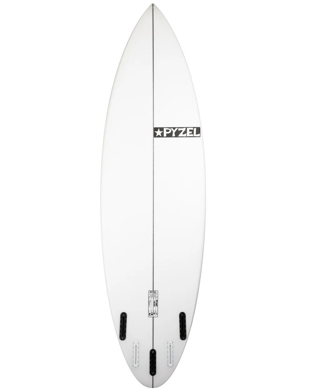 White surfboard with a Pyzel logo on a white background
