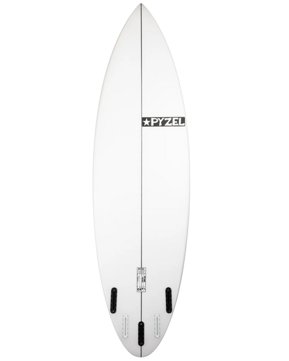 White surfboard with a Pyzel logo on a white background
