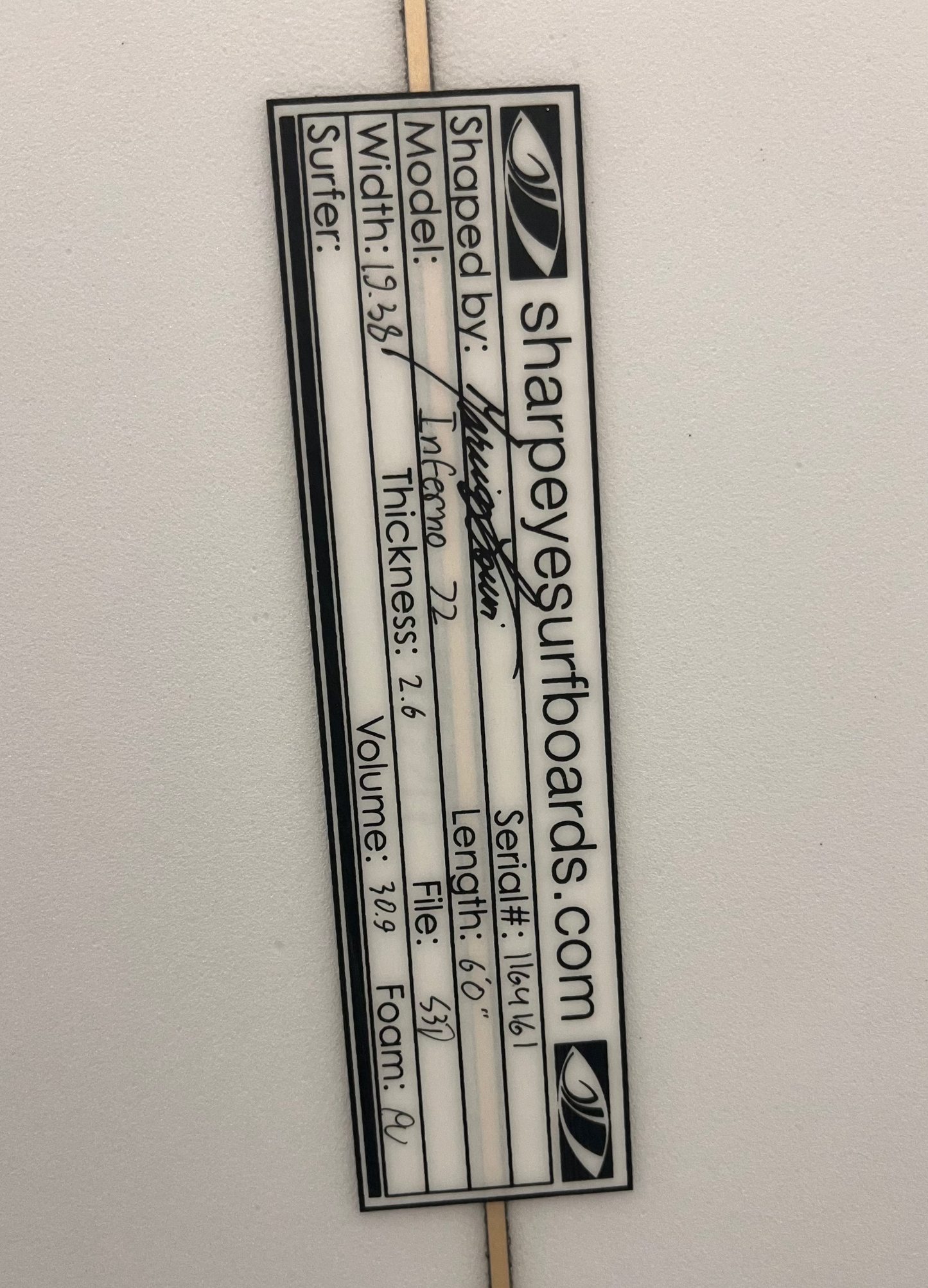 Dimensions of a white Sharp eye surfboard. 