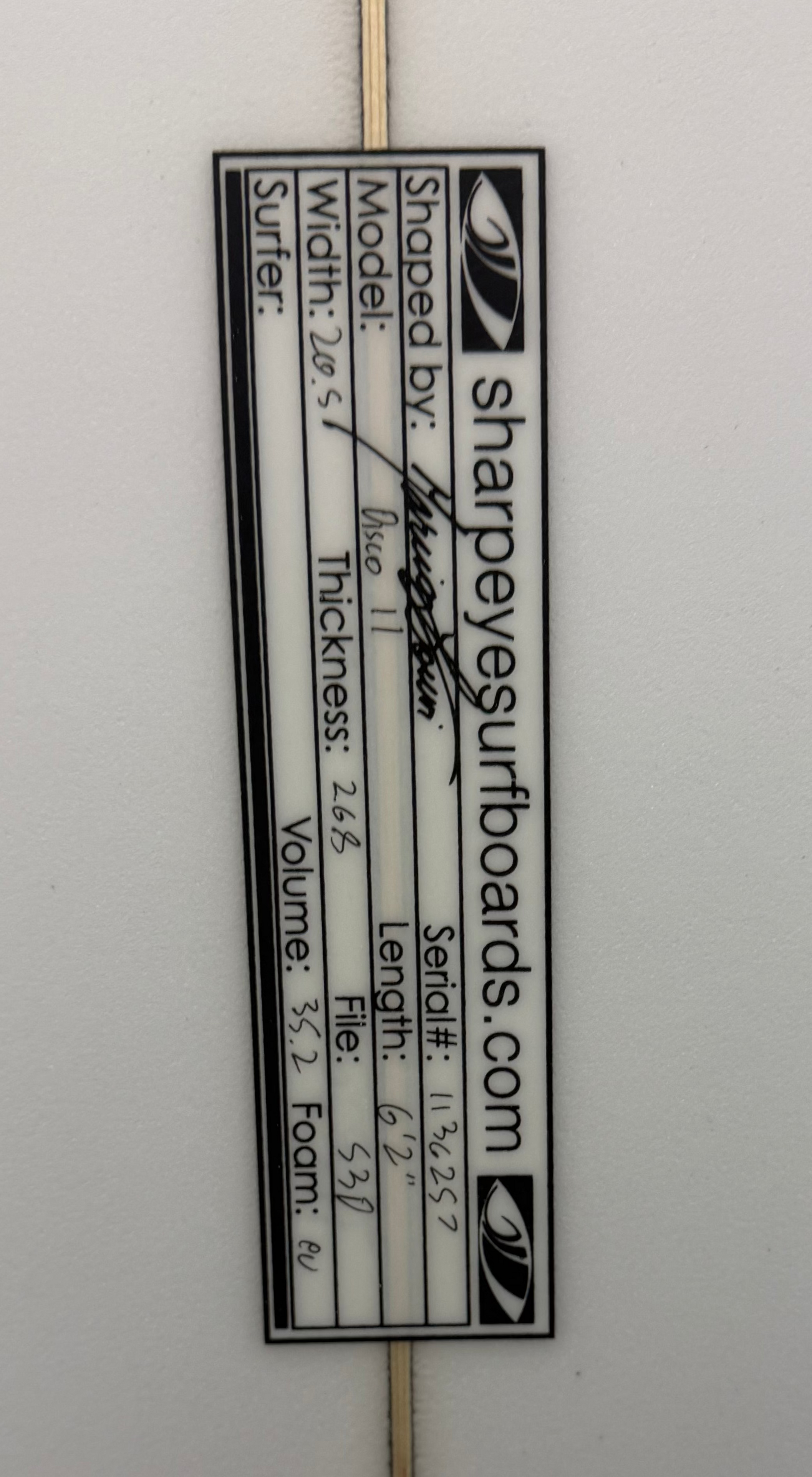 Dimensions of a white Sharp eye surfboard. 