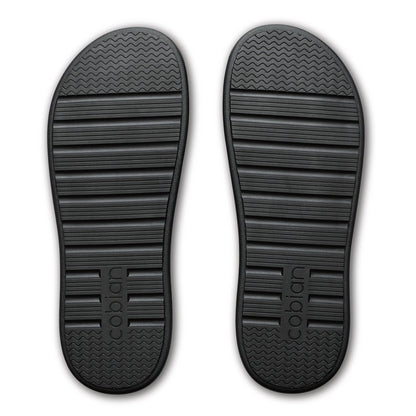 Bottom view of Cobian Ibiza Slide Sandals in Black showing the textured rubber outsoles with wave-pattern traction and Cobian branding.
