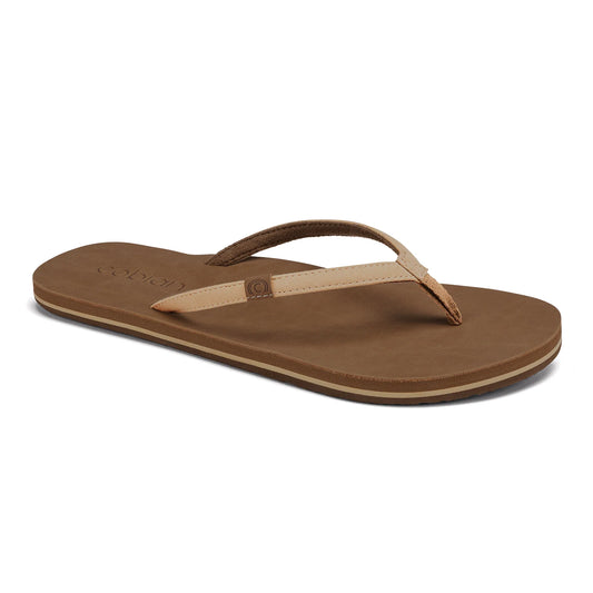 Cobian Kaia Flip Flop in Cream featuring slim cream-colored straps, a brown cushioned footbed, and subtle Cobian logo detailing.