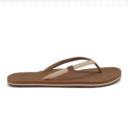 Side view of Cobian Kaia Flip Flop in Cream highlighting its slim straps, brown footbed, and low-profile sole with cream accent stripe.