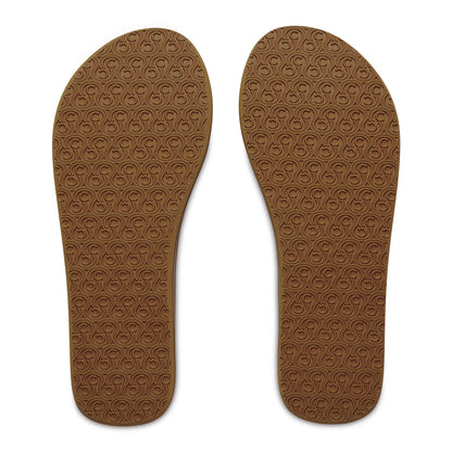 Bottom view of Cobian Kaia Flip Flops in Mocha showing tan rubber outsoles with an allover textured traction pattern.