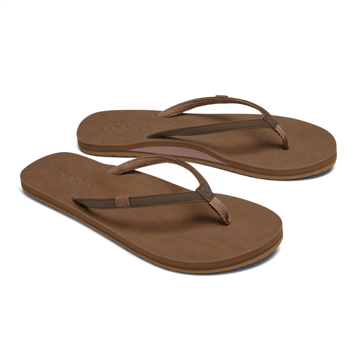 Pair of Cobian Kaia Flip Flops in Mocha featuring narrow brown straps, contoured footbeds, and layered soles with tan accents.