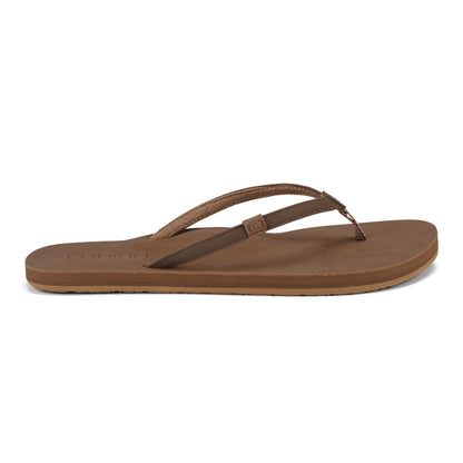 Side view of Cobian Kaia Flip Flop in Mocha highlighting its slim stitched straps, brown footbed, and low-profile tan rubber outsole.