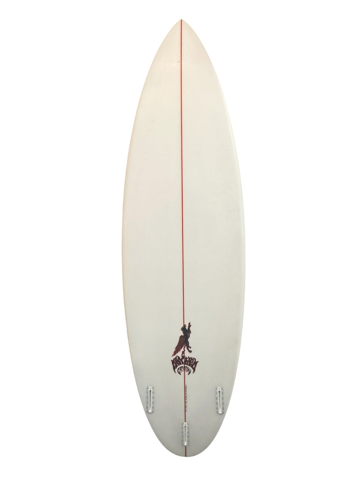Bottom of a lost white surfboard with  Griffin and Mayhem design. 