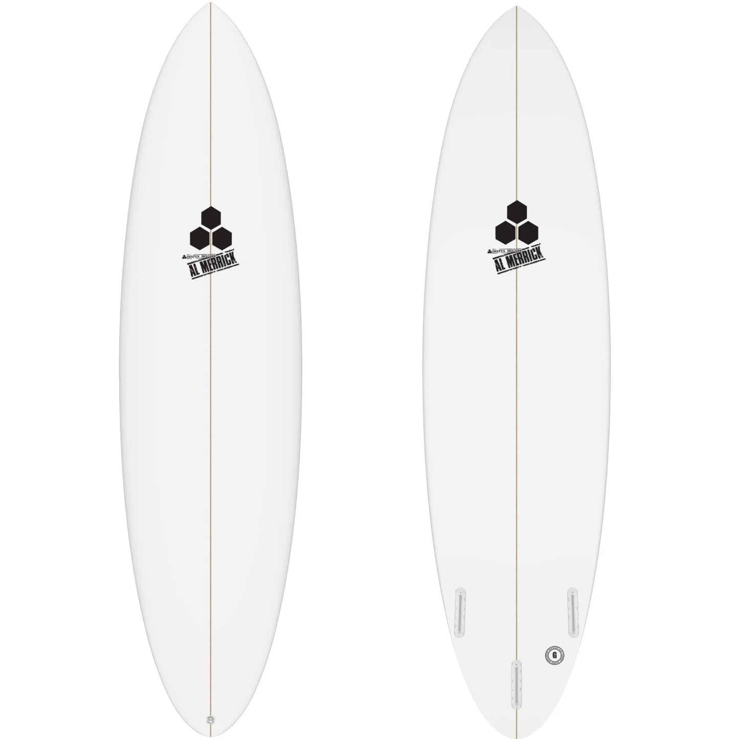 Front and Back of White surfboard with black stringer going from top and bottom of surfboard or nose and tail. Black Al Merrick Channel Islands Logo in top center both on top and bottom of surfboard. Three future fin boxes on bottom of surfboard. 
