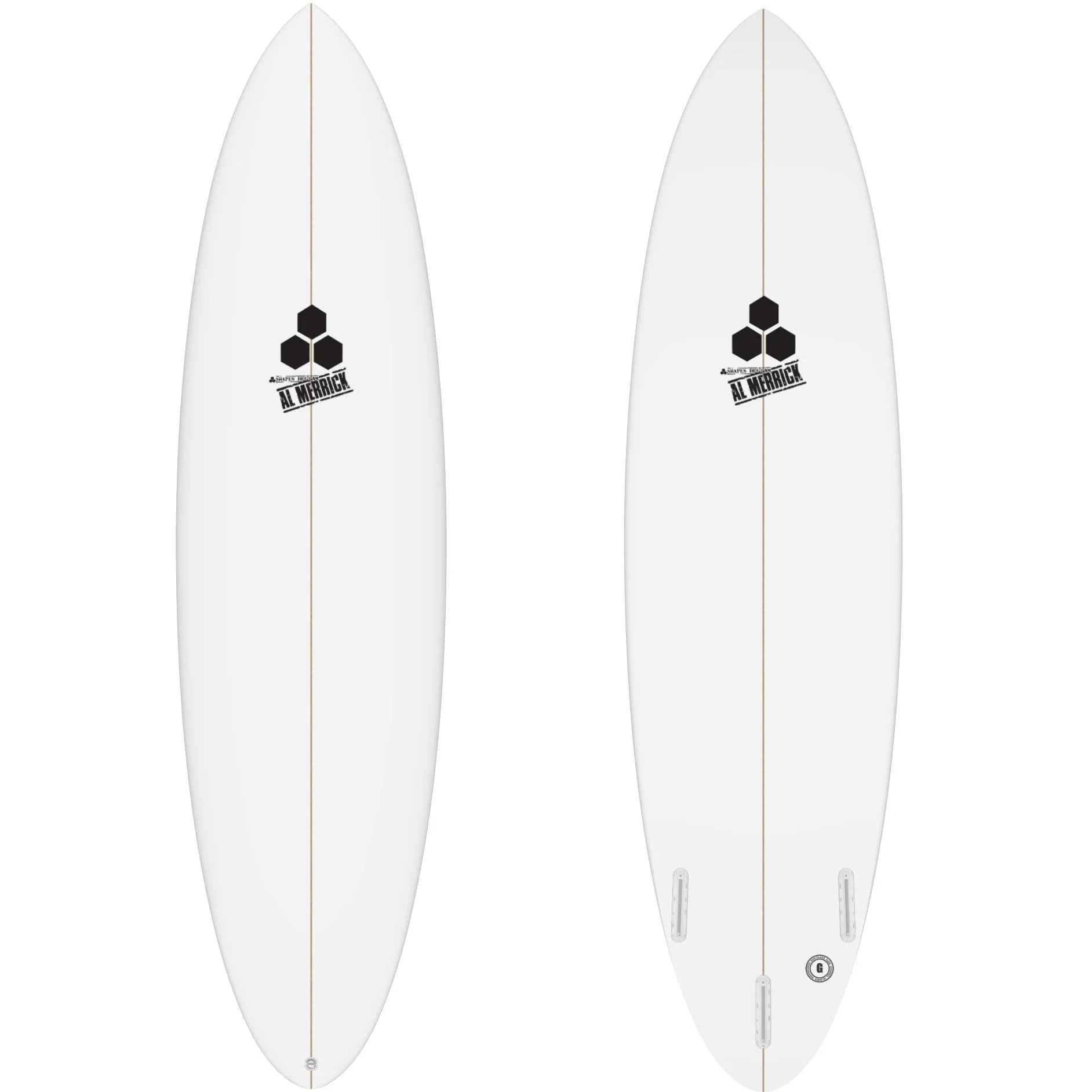 Front and Back of White surfboard with black stringer going from top and bottom of surfboard or nose and tail. Black Al Merrick Channel Islands Logo in top center both on top and bottom of surfboard. Three future fin boxes on bottom of surfboard. 
