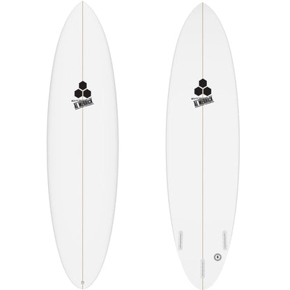 Front and Back of White surfboard with black stringer going from top and bottom of surfboard or nose and tail. Black Al Merrick Channel Islands Logo in top center both on top and bottom of surfboard. Three future fin boxes on bottom of surfboard. 