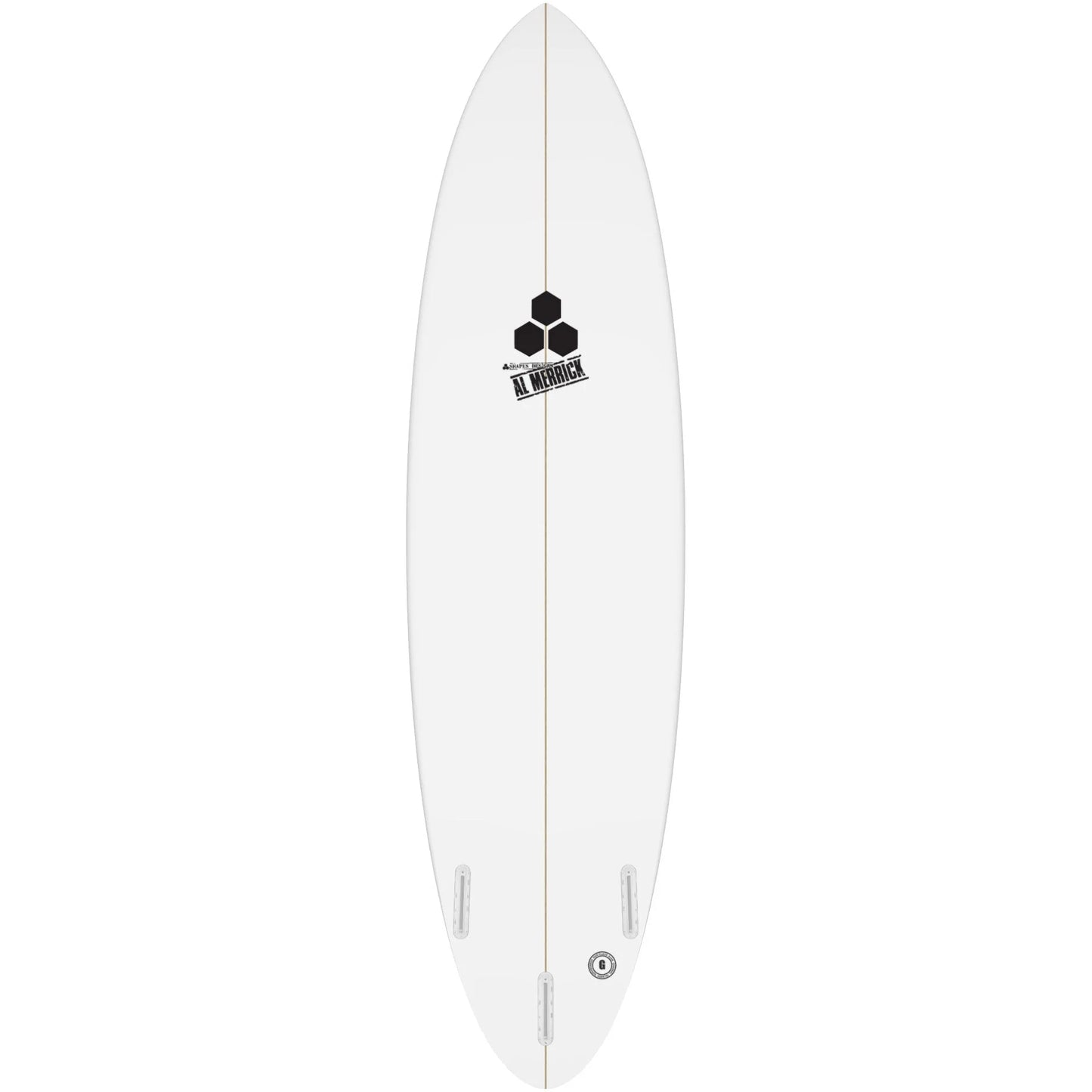 White Bottom of Surfboard with Black stringer going from Nose or Top to Tail or bottom of the board. Al Merrick Channel Islands Logo Top center of board in black. Three Future fin box on bottom.