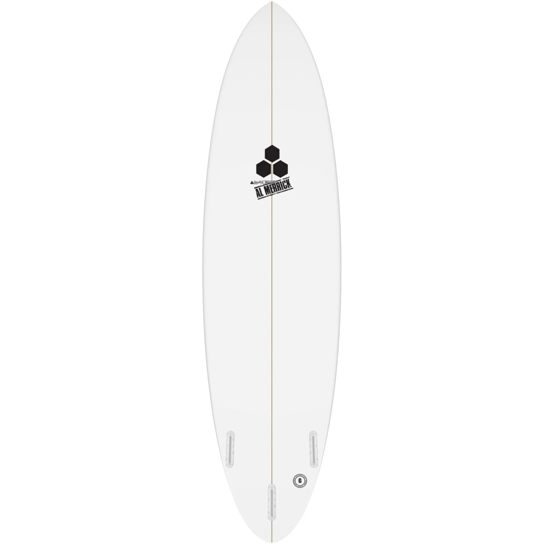 White Bottom of Surfboard with Black stringer going from Nose or Top to Tail or bottom of the board. Al Merrick Channel Islands Logo Top center of board in black. Three Future fin box on bottom.