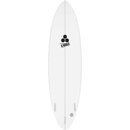 White Bottom of Surfboard with Black stringer going from Nose or Top to Tail or bottom of the board. Al Merrick Channel Islands Logo Top center of board in black. Three Future fin box on bottom.