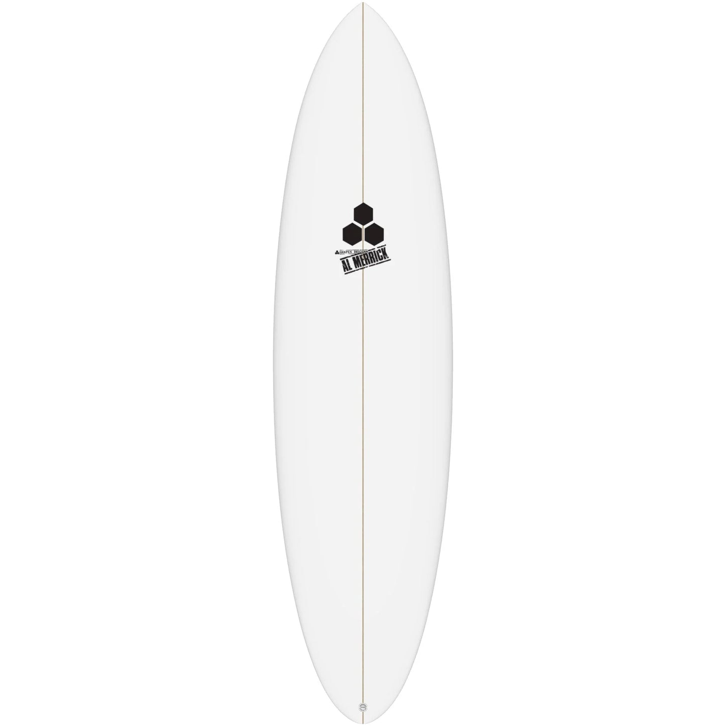 White Surfboard with Black stringer going down the middle from Nose to Tail. Al Merrick Channel Islands Logo Center Top of Board in Black.