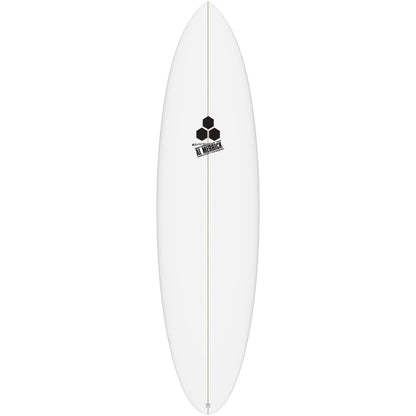 White Surfboard with Black stringer going down the middle from Nose to Tail. Al Merrick Channel Islands Logo Center Top of Board in Black.