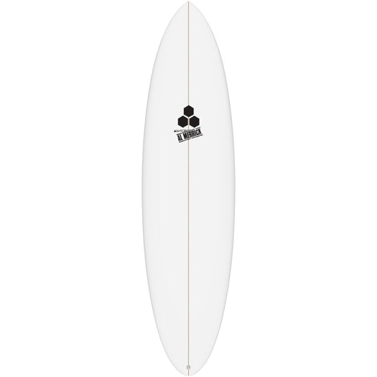 White Surfboard with Black stringer going down the middle from Nose to Tail. Al Merrick Channel Islands Logo Center Top of Board in Black.