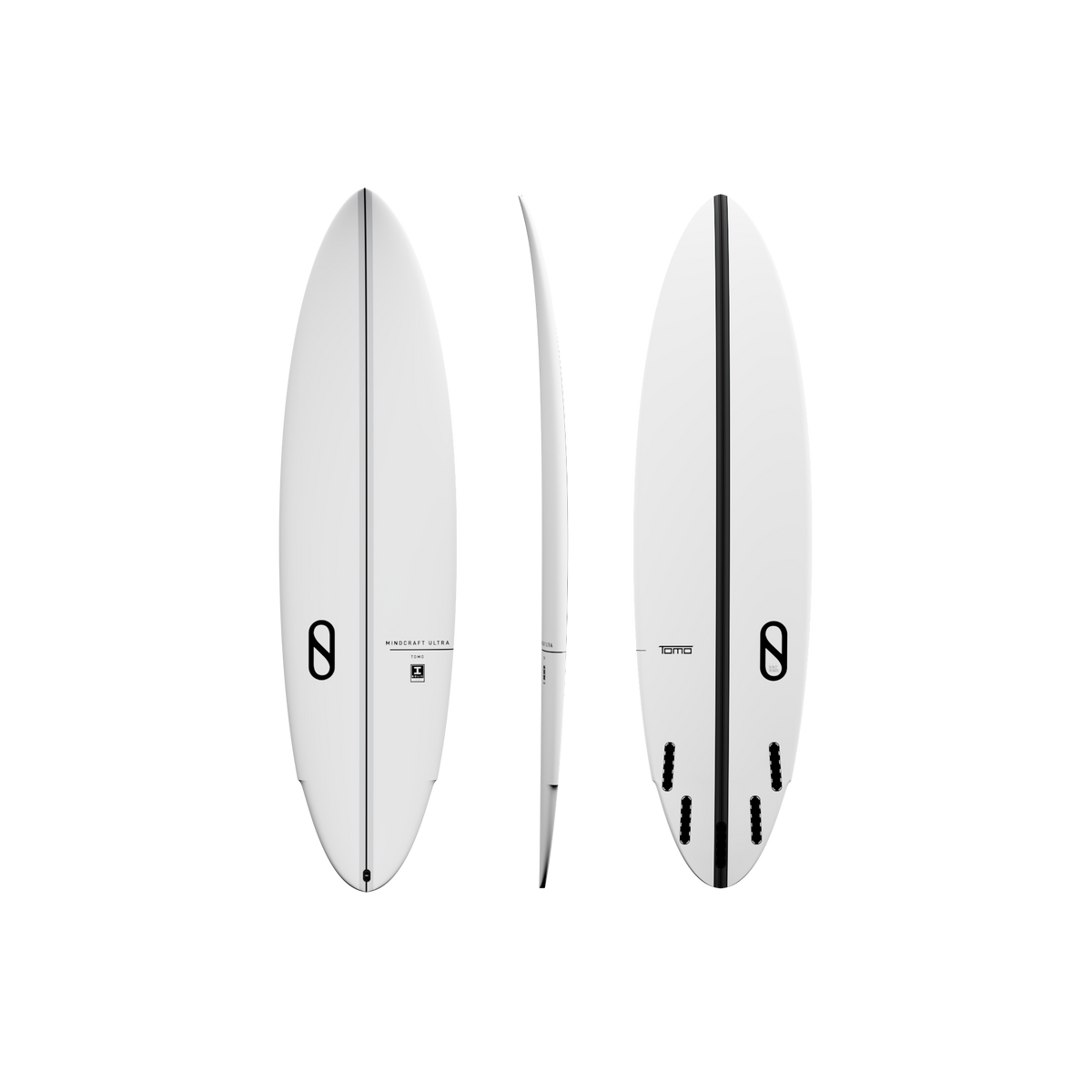 Full Board View: Slater Designs Mindcraft Ultra I-Bolic Surfboard in White displaying deck, bottom, and side profile with five-fin configuration and streamlined performance shape.
