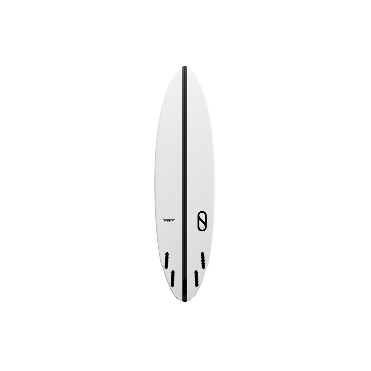 Bottom View: Slater Designs Mindcraft Ultra I-Bolic Surfboard in White showing bottom contours, black center stringer design, and five-fin setup.