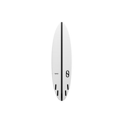 Bottom View: Slater Designs Mindcraft Ultra I-Bolic Surfboard in White showing bottom contours, black center stringer design, and five-fin setup.