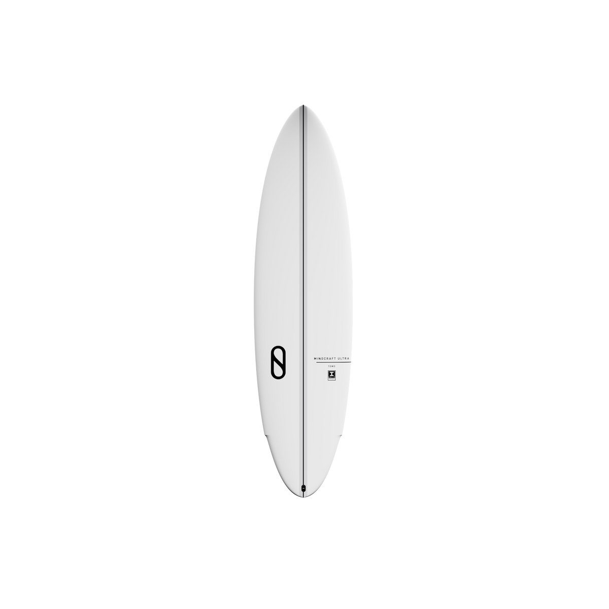 Deck View: Slater Designs Mindcraft Ultra I-Bolic Surfboard in White featuring a pointed nose, sleek outline, black center stripe, and minimalist branding.