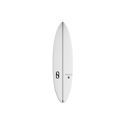 Deck View: Slater Designs Mindcraft Ultra I-Bolic Surfboard in White featuring a pointed nose, sleek outline, black center stripe, and minimalist branding.