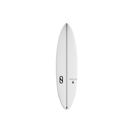 Deck View: Slater Designs Mindcraft Ultra I-Bolic Surfboard in White featuring a pointed nose, sleek outline, black center stripe, and minimalist branding.