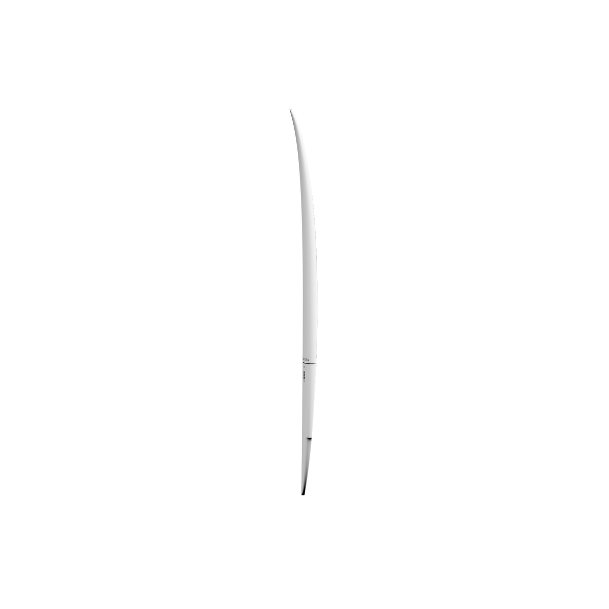Side Profile: Side profile of the Slater Designs Mindcraft Ultra I-Bolic Surfboard in White highlighting its rocker, rail thickness, and tapered nose and tail.
