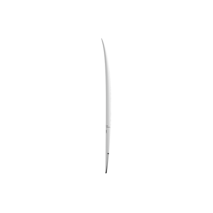 Side Profile: Side profile of the Slater Designs Mindcraft Ultra I-Bolic Surfboard in White highlighting its rocker, rail thickness, and tapered nose and tail.