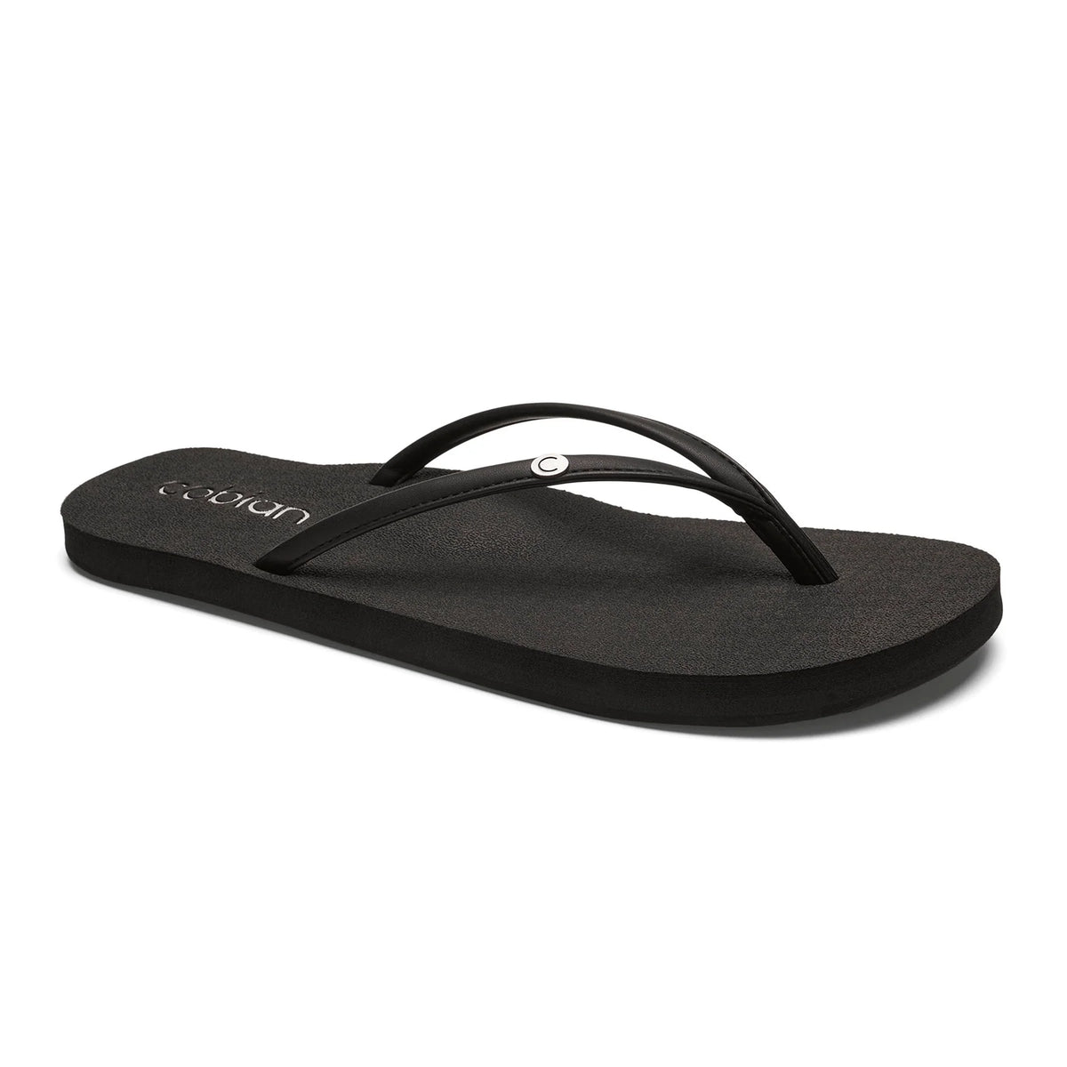 Cobian Nias Bounce 2 black flip flop featuring slim black straps, a silver Cobian logo accent, and a textured cushioned footbed.