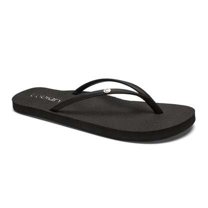 Cobian Nias Bounce 2 black flip flop featuring slim black straps, a silver Cobian logo accent, and a textured cushioned footbed.