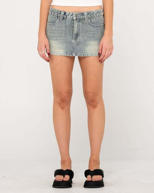 Rusty Norty Low Rise Mini Skirt in washed denim front view
