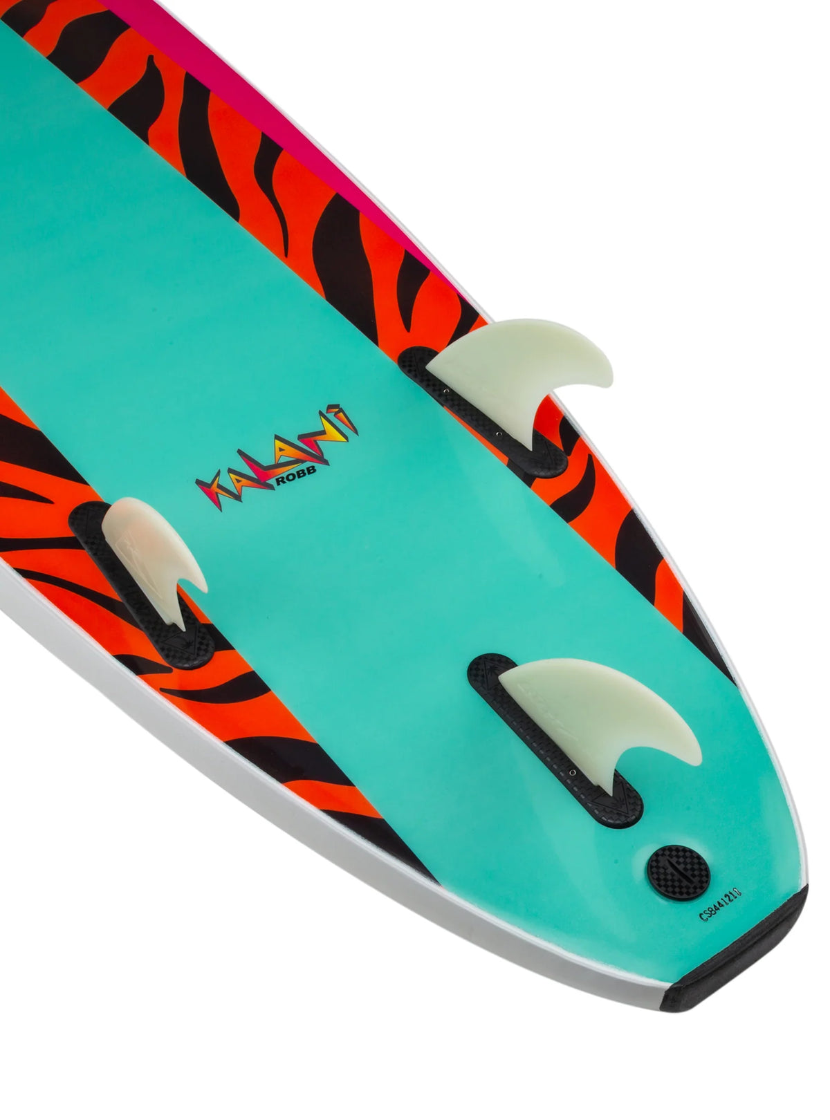 Bottom of a surfboard with tiger stripe pattern and tree fins on a white background