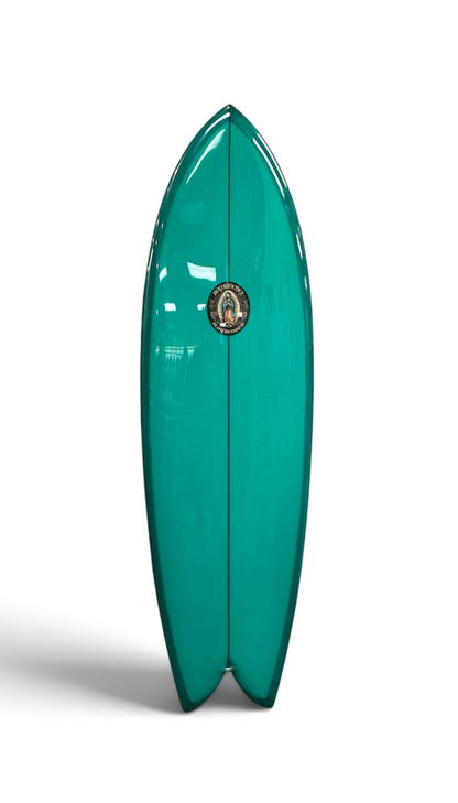 Roy Sanchez 5'10 modern fish surfboard, glossy dark green, twin fins and round nose.