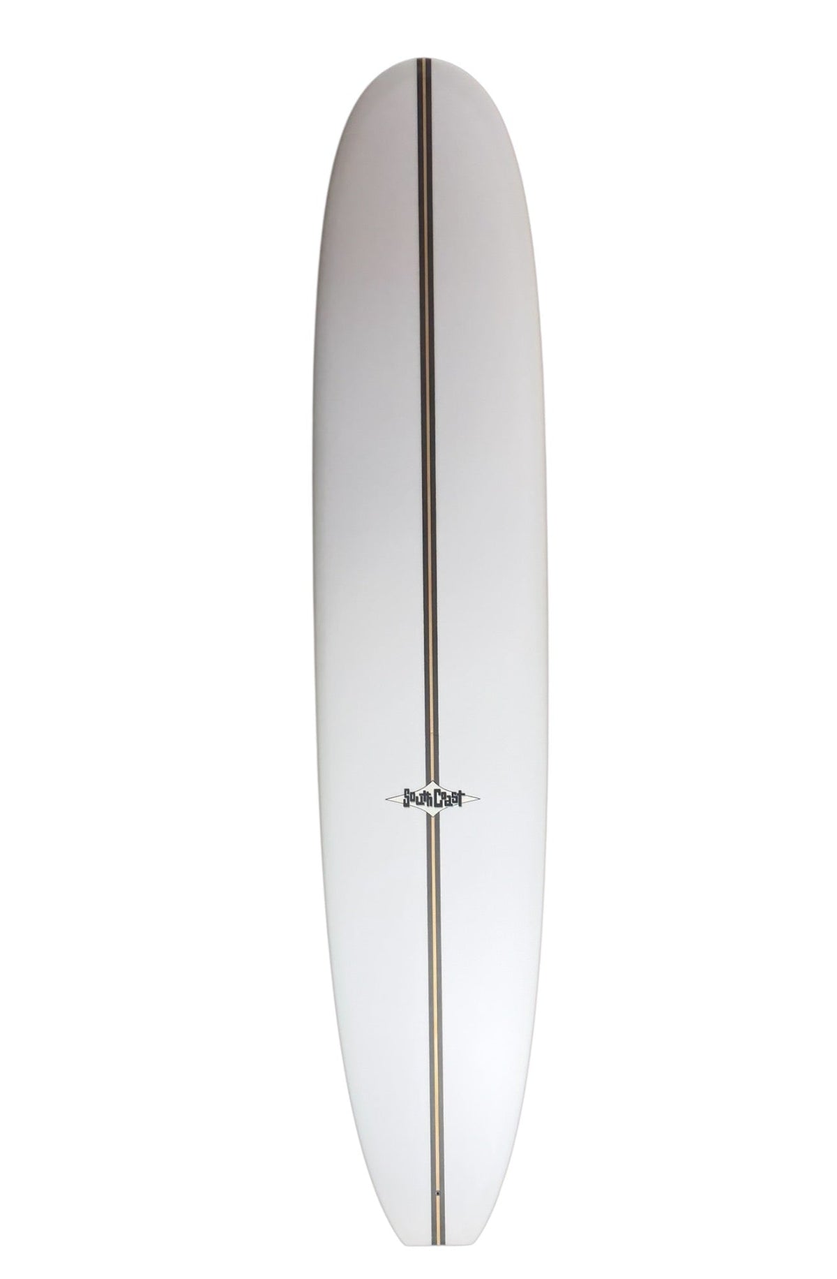 Front of a white 9'0 surfboard with a thick wood stringer. 