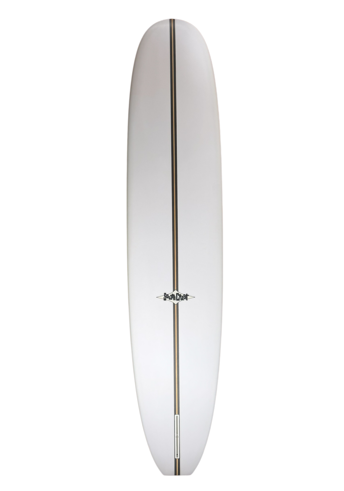 Bottom of a white 9'0 longboard. With a thick wooden stringer going down the middle 