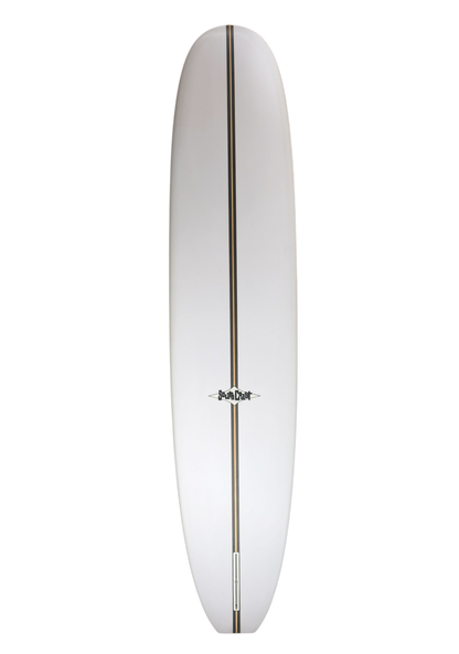Bottom of a white 9'0 longboard. With a thick wooden stringer going down the middle 